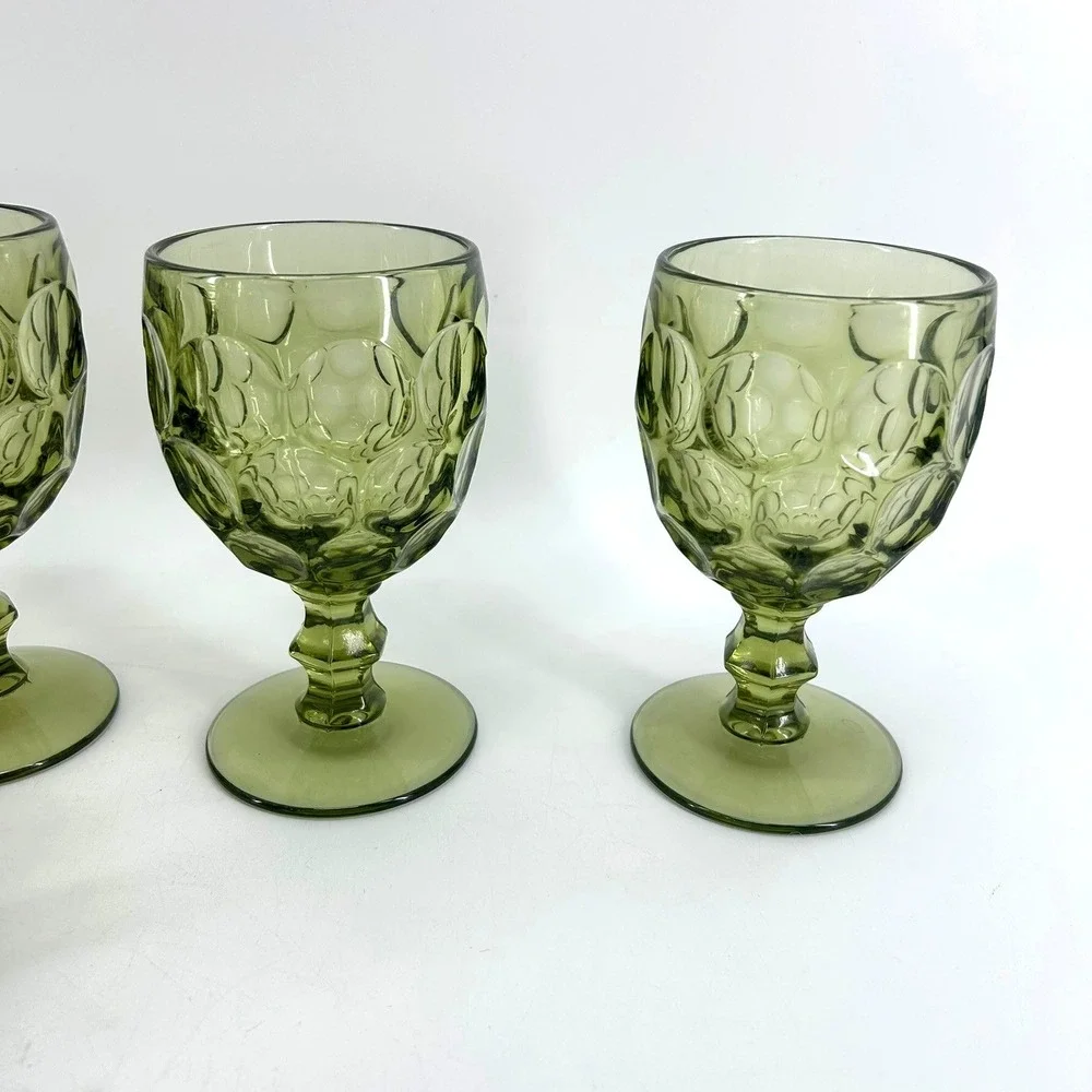 VTG Imperial Glass Avocado Green Thumbprint Goblets Set of 6 MCM Stemware